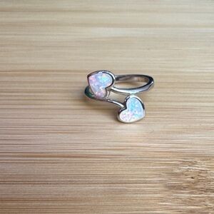 Silver Double Heart Ring with Opal Accents 7.5